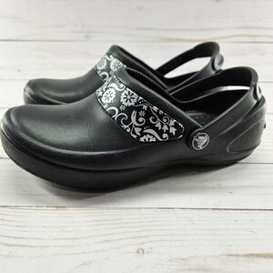 Crocs Mercy‎ Slip Resistant Work Clogs Womens Size 5 Black Silver Floral 10876